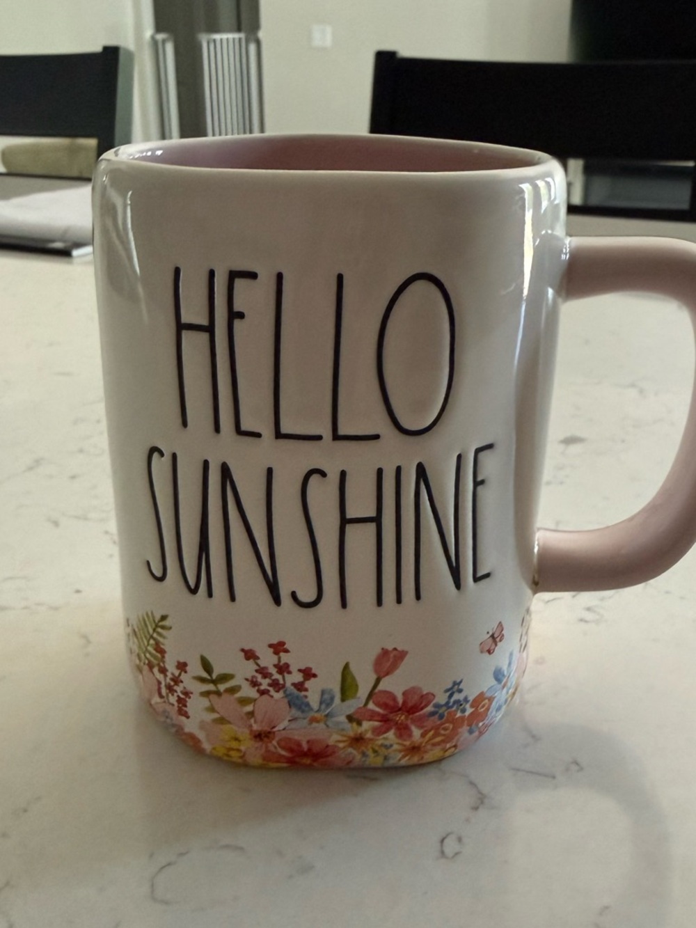 Rae Dunn White Mug with Pink Interior and Floral Base